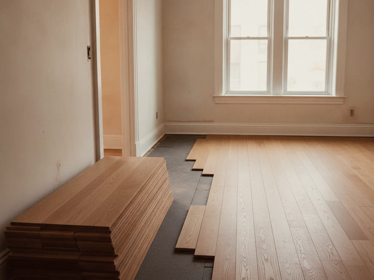 Hardwood boards part-laid over acoustic underlayment, with the underlayment visible at the working edge