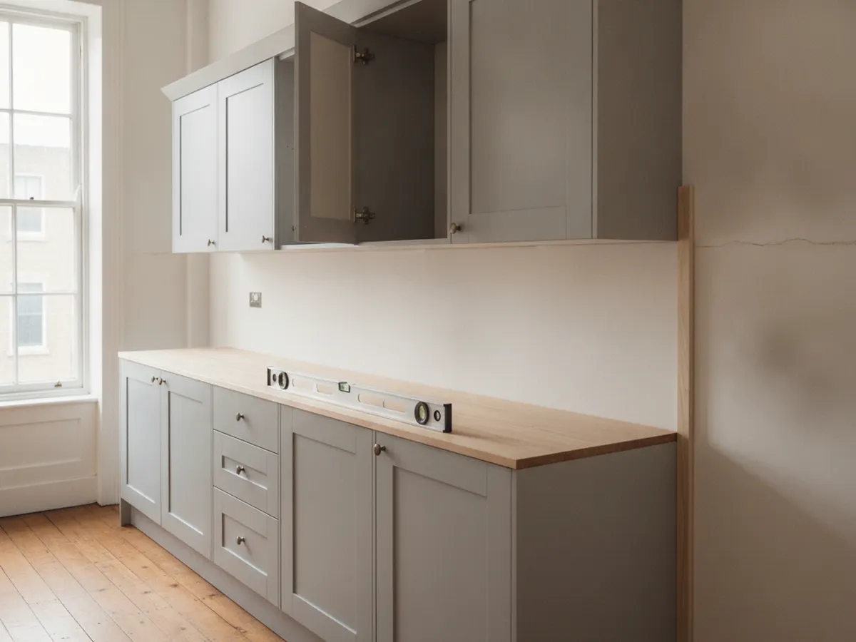 New cabinets being fitted along one wall of a narrow kitchen, with a scribe filler against an out-of-square wall