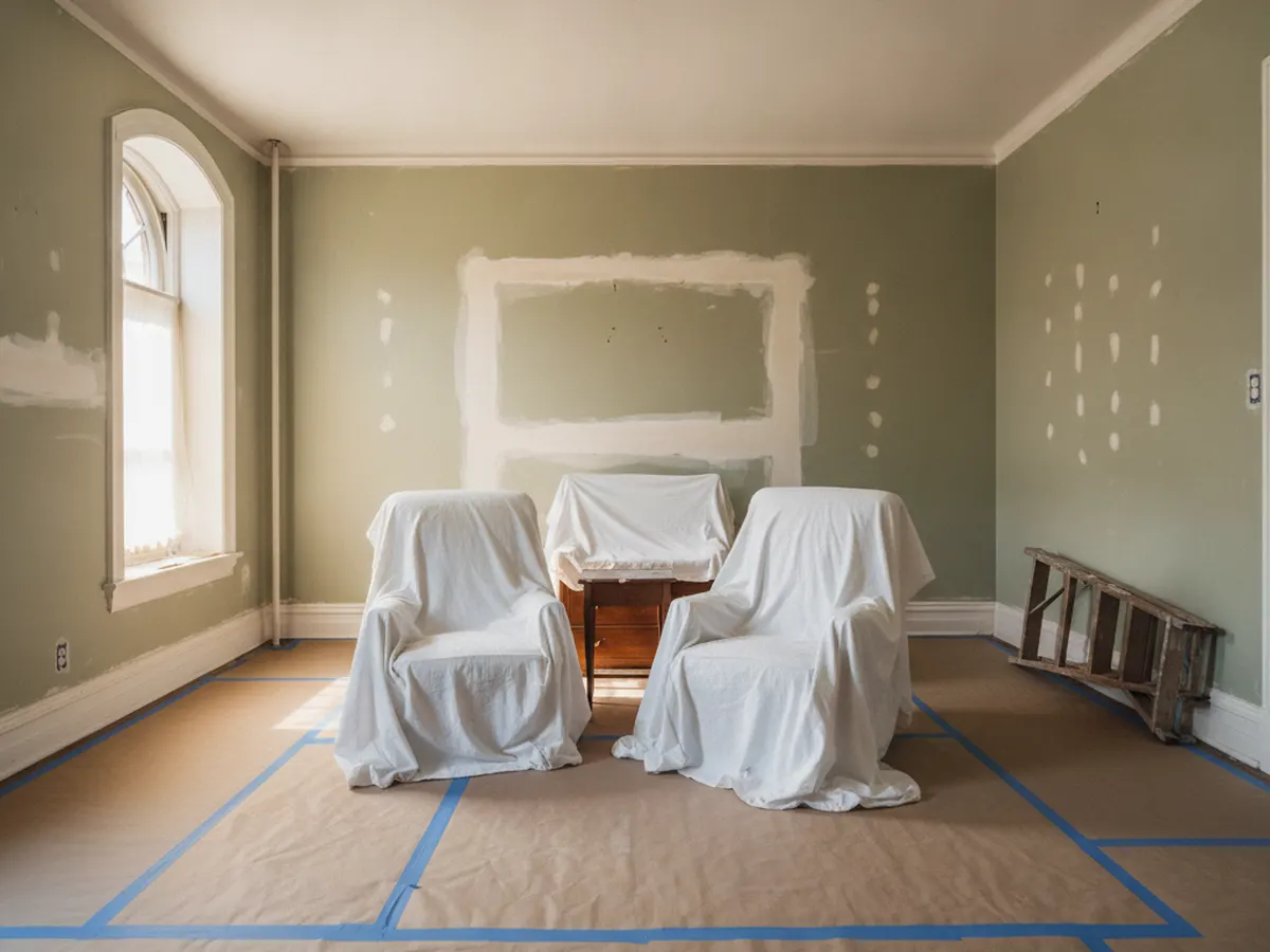 A room prepared for painting, with covered floors and filled patches showing pale against the old wall color